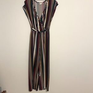 Women S jumpsuit Multicolor striped, soft stretchy material Elastic waist w/ tie